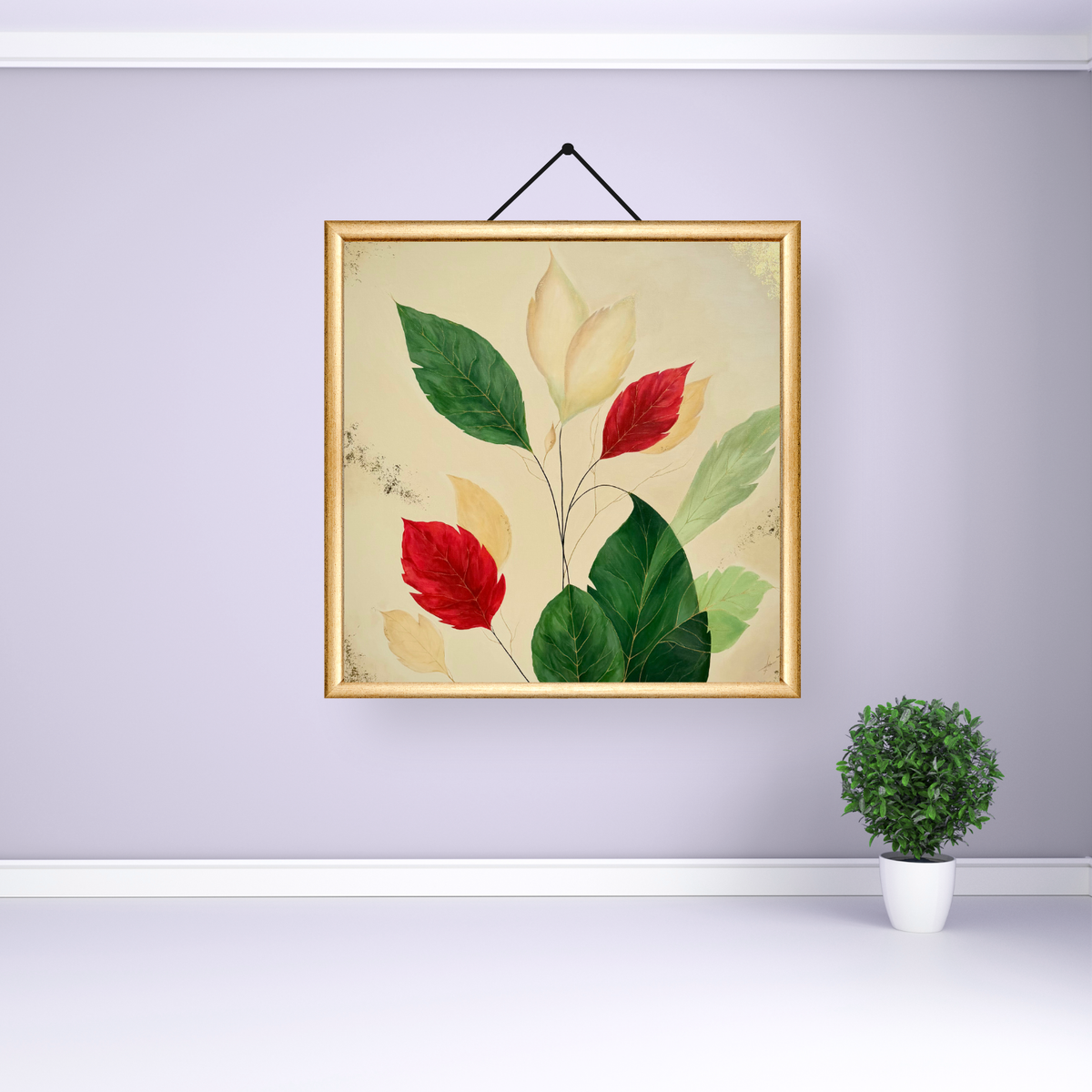 A framed botanical art print featuring green, red, and cream leaves on a beige background, hung on a light purple-gray wall above a white floor, with a small potted green plant in the lower right corner.