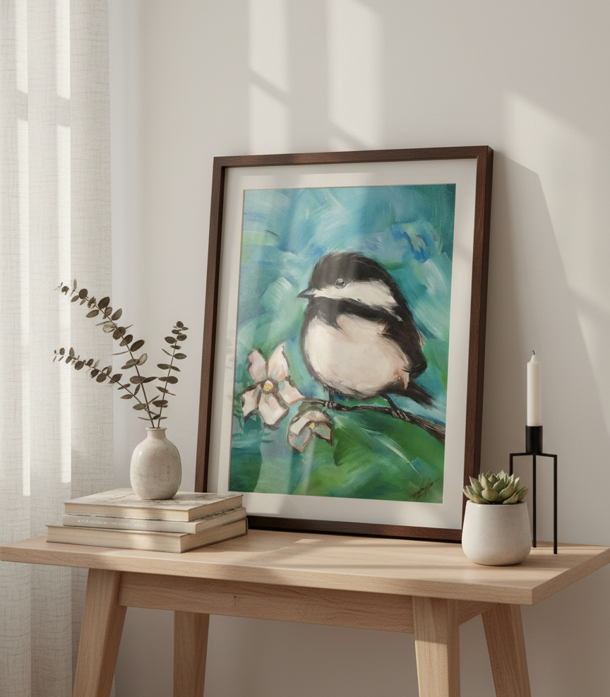 Painting of a black-and-white bird on a branch with a green background.