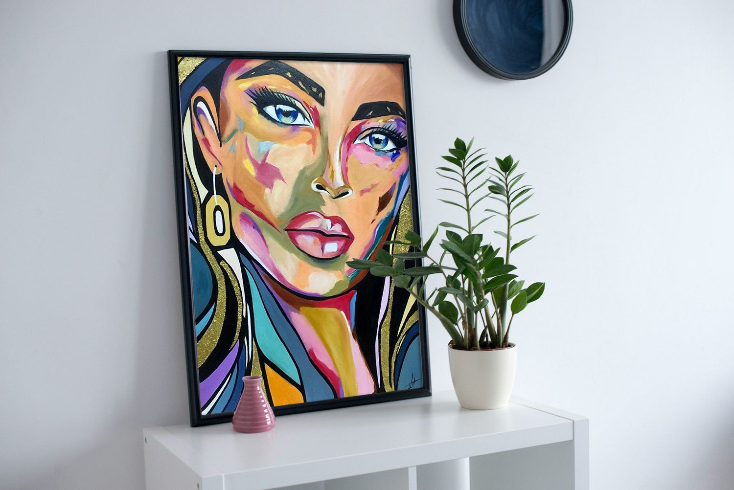 Medium-sized painting of a colorful woman's portrait, featured in the Medium Paintings collection at Bumiya Gallery.