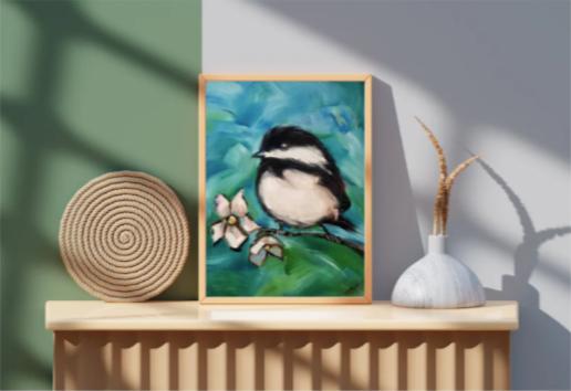 Painting of a black-and-white bird on a branch with a green background.