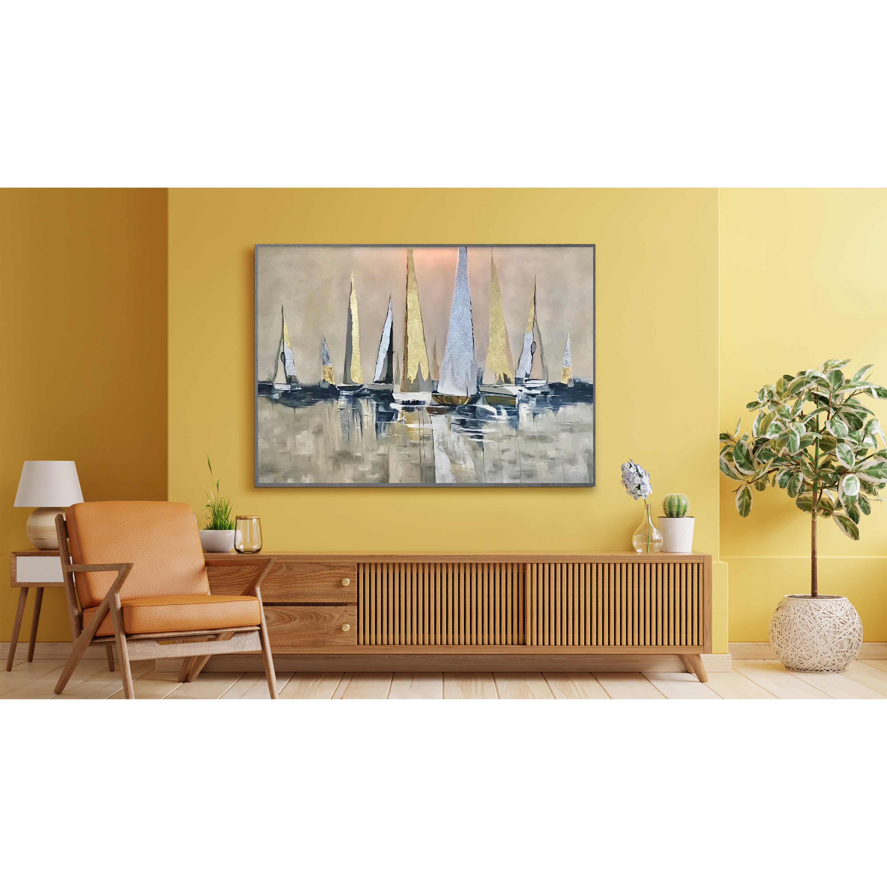 Abstract painting of sailboats on water with muted tones and gold accents.