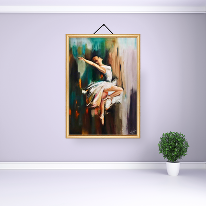 Captivating ballerina oil painting showing graceful movement and expressive motion, set against an abstract backdrop.