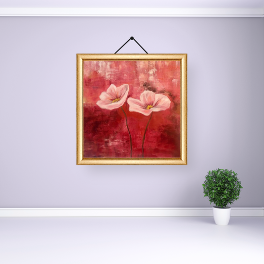 Enchanting acrylic artwork featuring two delicate blossoms in full bloom, set against a warm, textured backdrop.