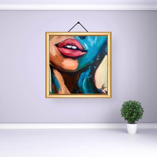 Mystic Lips acrylic painting featuring vibrant red lips and abstract background in dynamic brushstrokes.