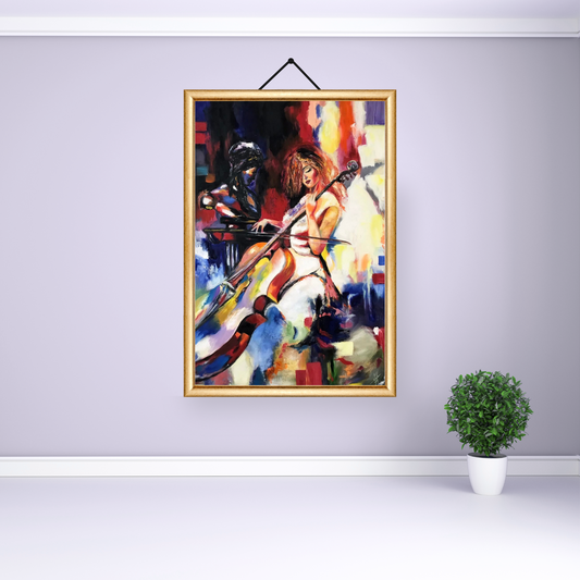 Vivid oil painting of a cellist surrounded by a burst of abstract colors and forms, capturing musical expression.