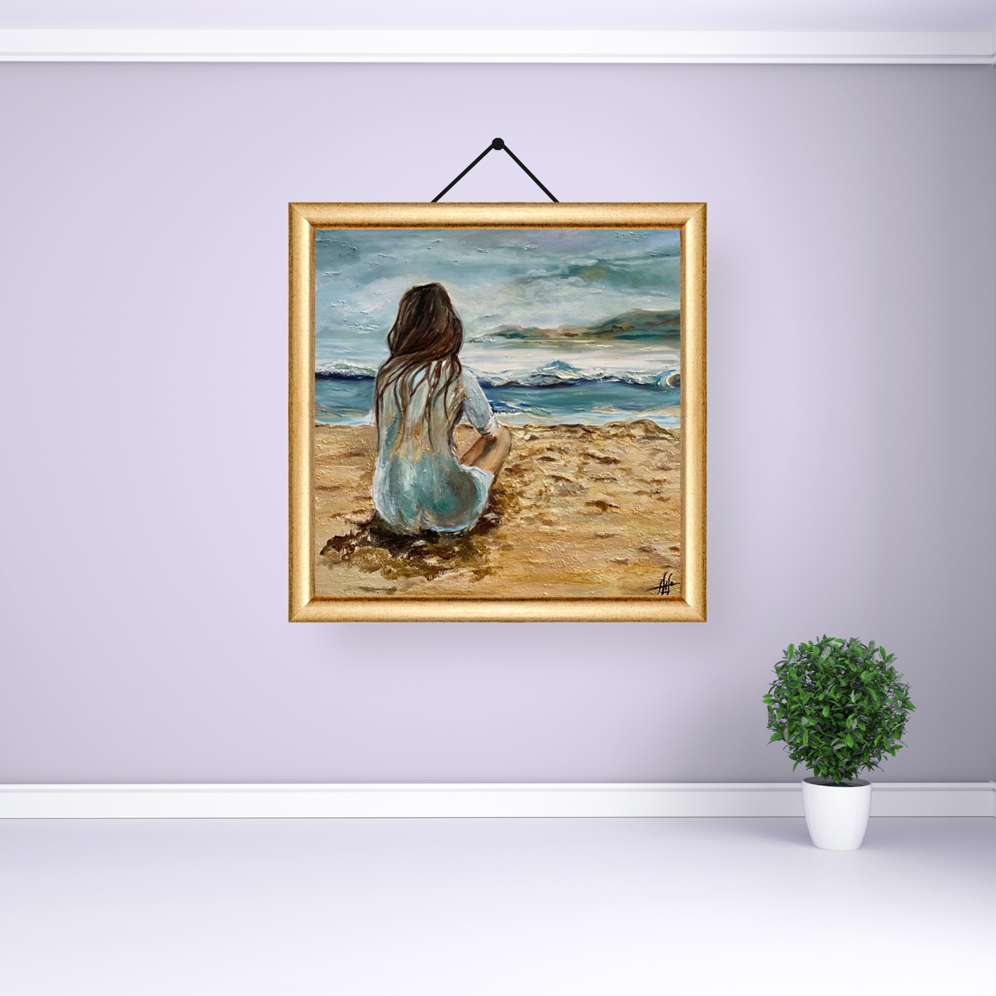 A figure seated on a sandy shore gazes at the waves in the textured oil painting "Tides of Thought," evoking reflection.