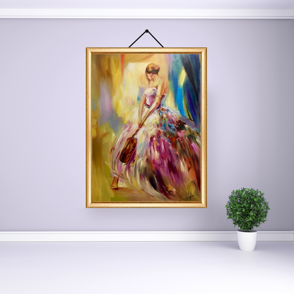 Graceful violinist in "Violinist's Dream," surrounded by soft, colorful hues with detailed violin and serene expression.