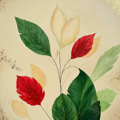 Botanical painting of green, red, and cream leaves on a neutral background.