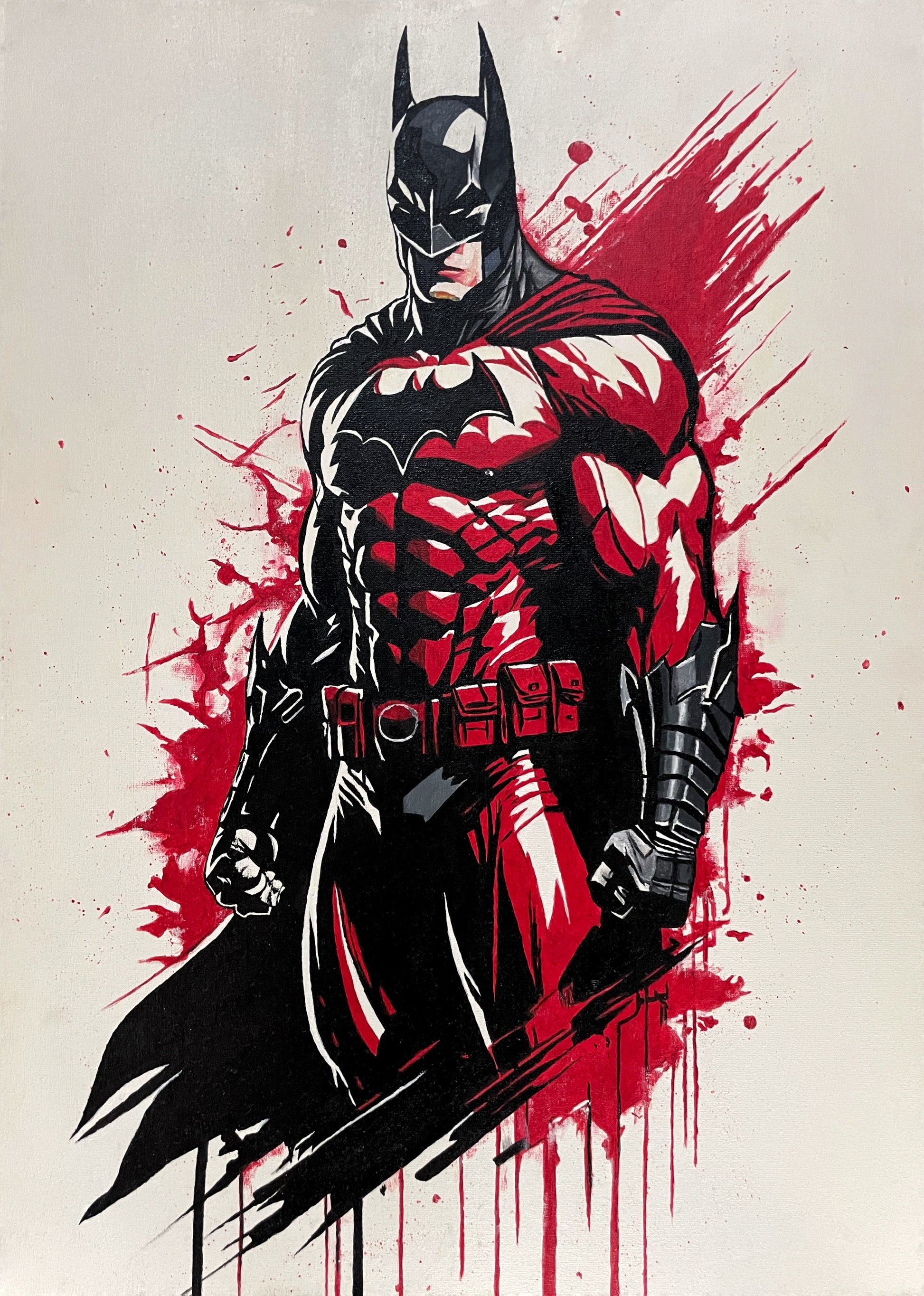 Close-up of 'Batman: Bloodstorm' showing detailed brushstrokes and intense red accents on Batman's figure.