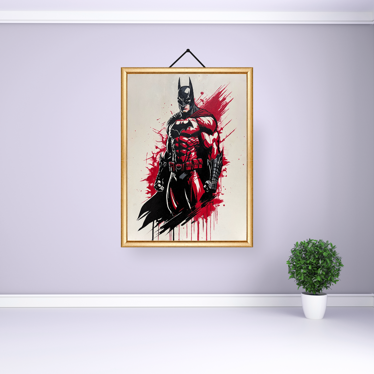 Acrylic painting 'Batman: Bloodstorm' shows Batman in a powerful pose with dramatic red and black colors.