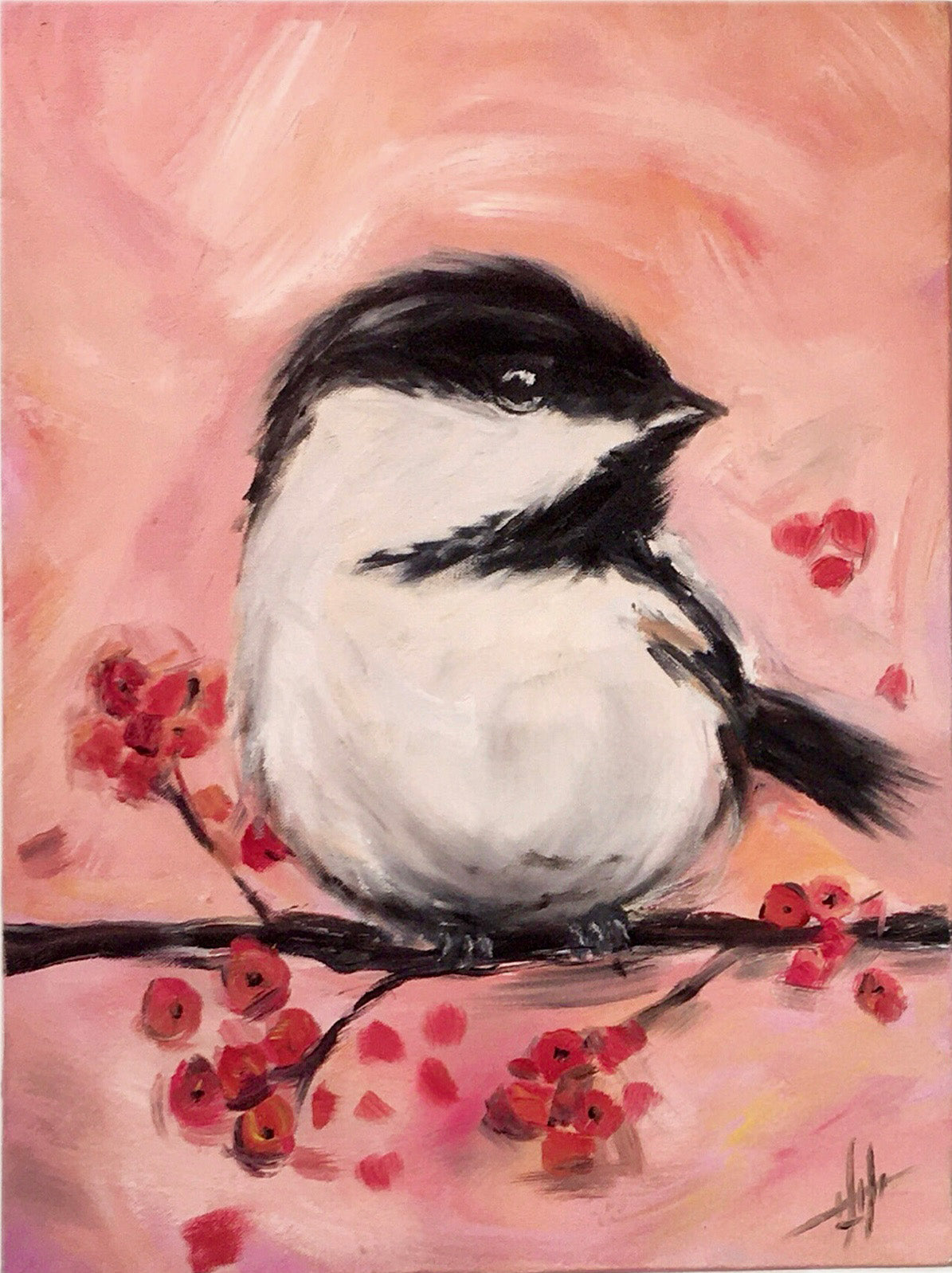 Close-up of the "Birds in Harmony" painting with a bird on a branch, depicted in acrylic with a pink backdrop.