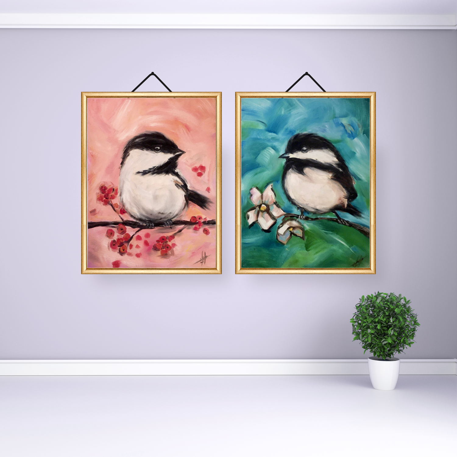 Acrylic paintings of birds perched on blossoming branches with pink and teal backgrounds, capturing nature's serene beauty.