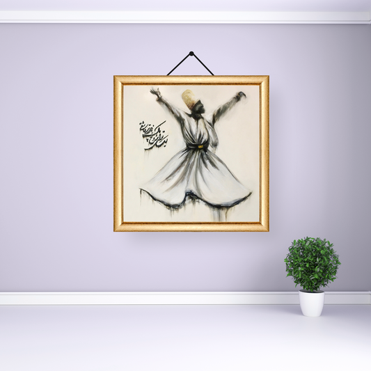 Exquisite painting of a whirling dervish in flowing robes, conveying grace and spiritual devotion with elegant calligraphy.