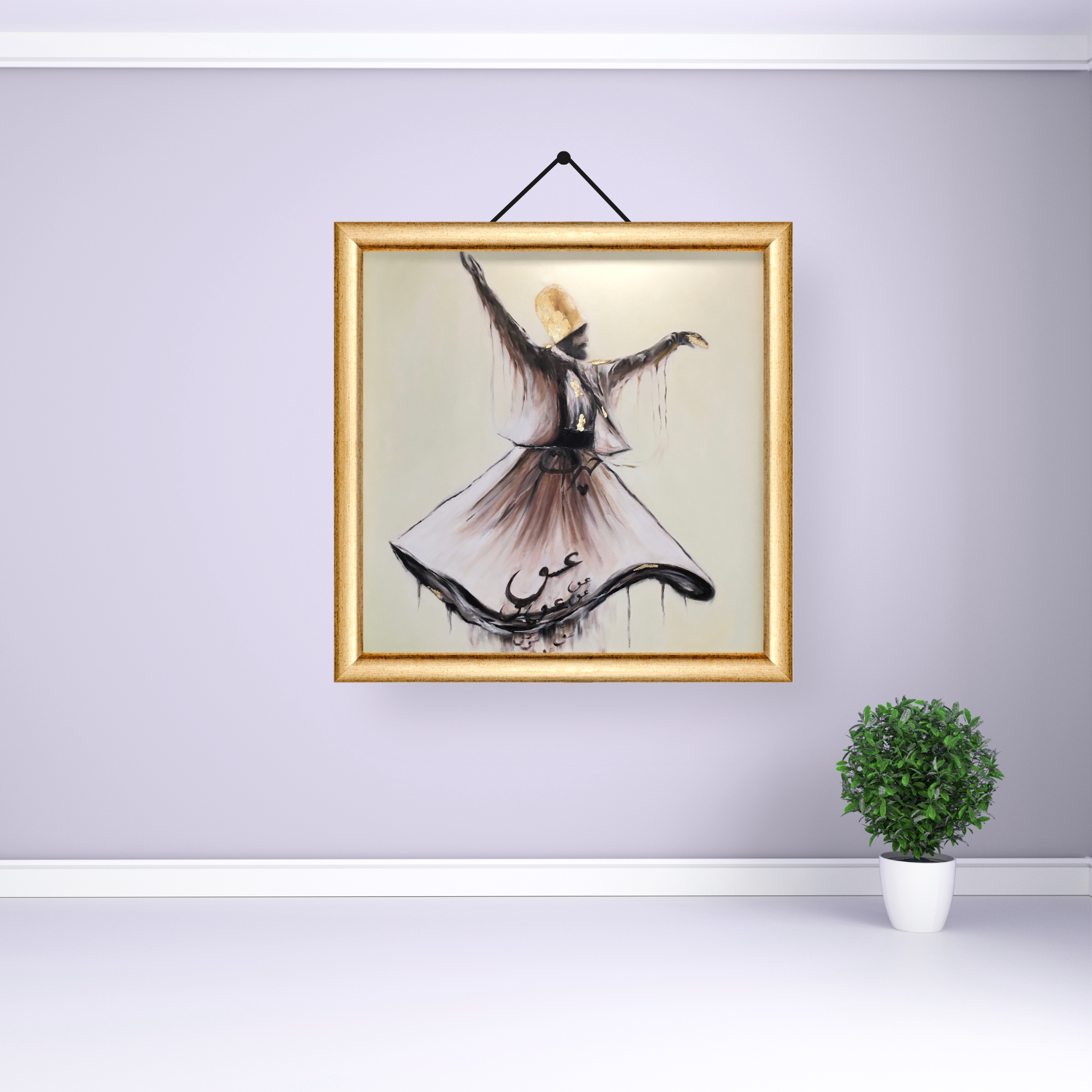 Whirling Dervish in mid-spin, captured with earthy tones and gold leaf accents, showing movement and spiritual elegance.