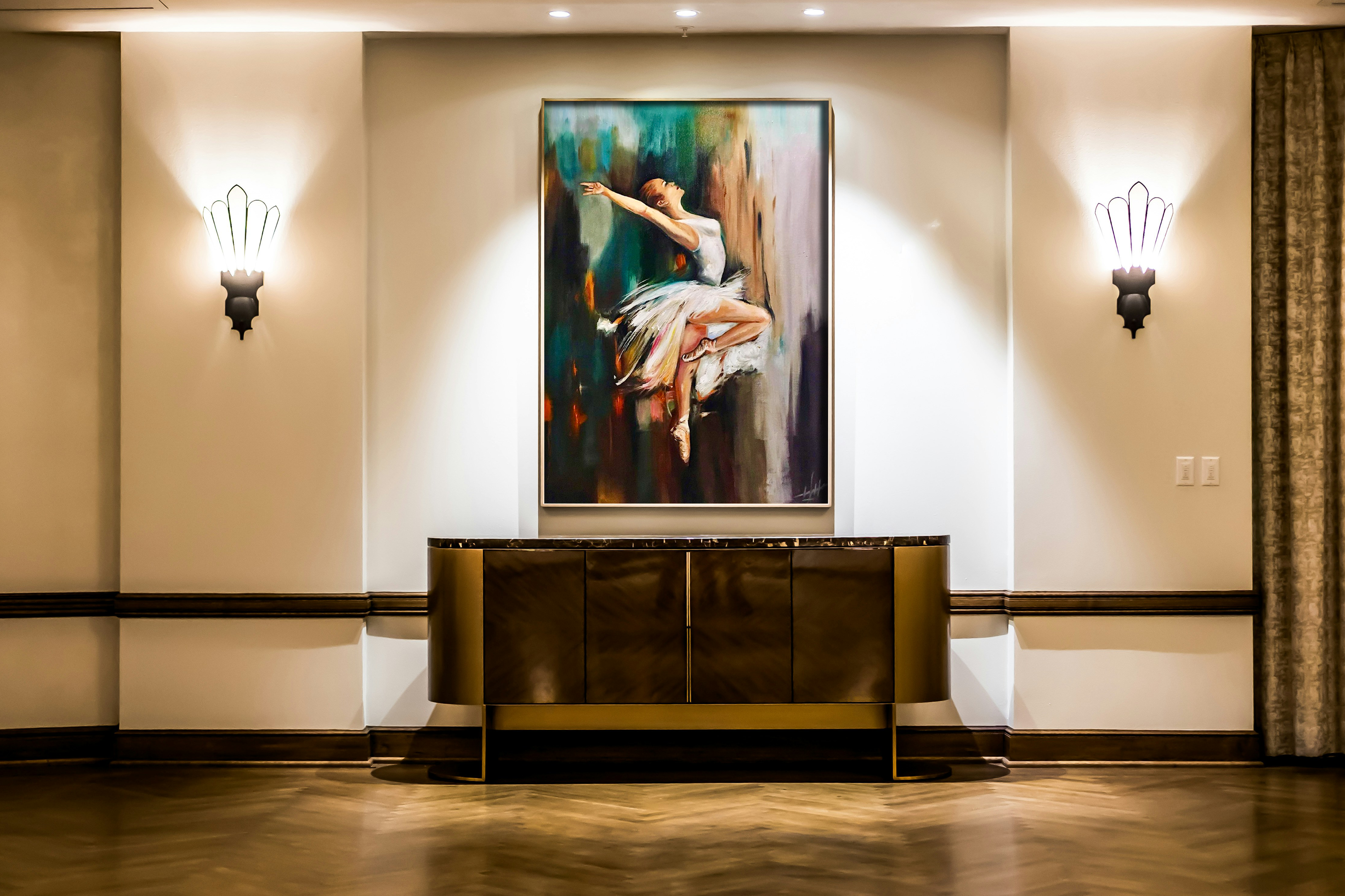 Graceful ballerina painting enhancing a hotel's interior, part of Bumiya Gallery's collection.