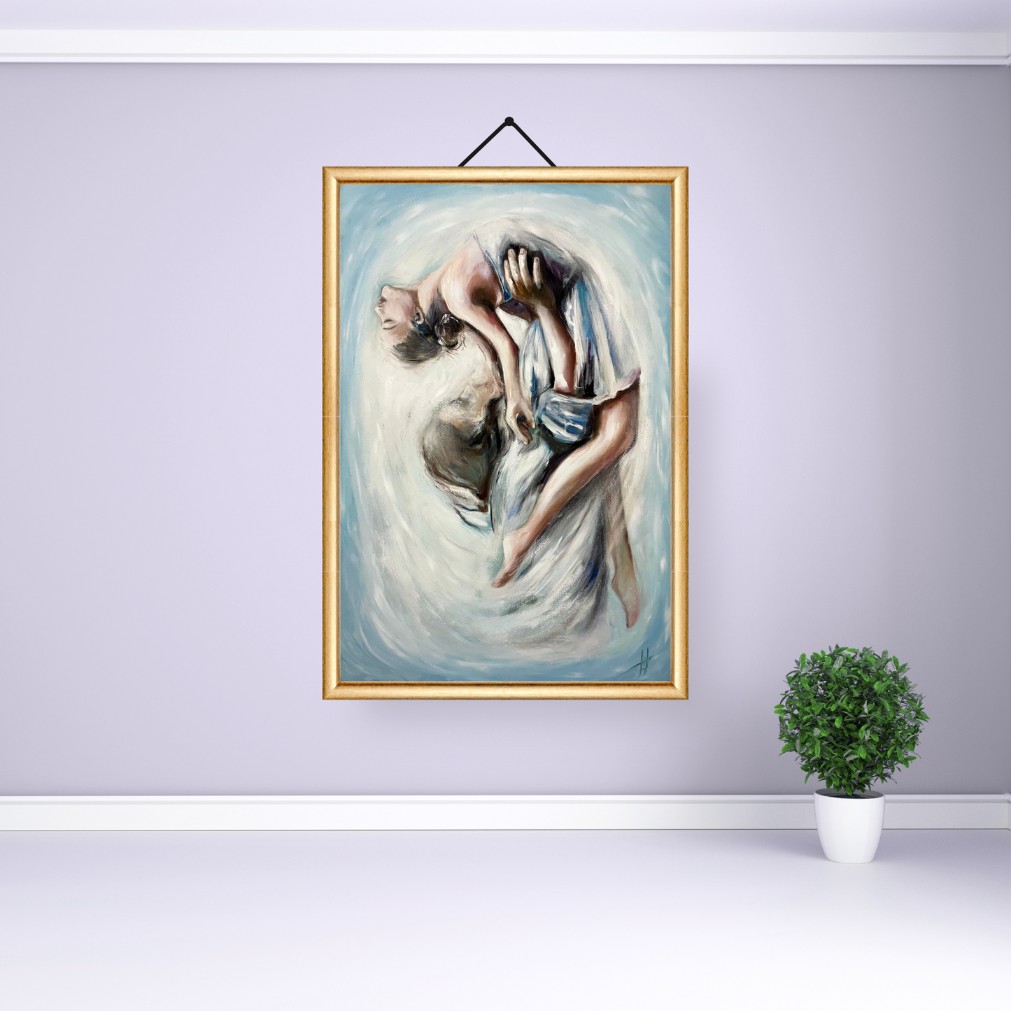 Elegant oil painting 'Ethereal Dance' featuring flowing colors and intricate brushstrokes creating a serene composition.