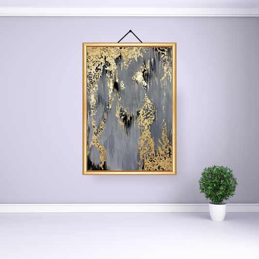 Captivating acrylic artwork "Golden Sensation" enhanced with gold leaf, radiating luxury and intricate details.