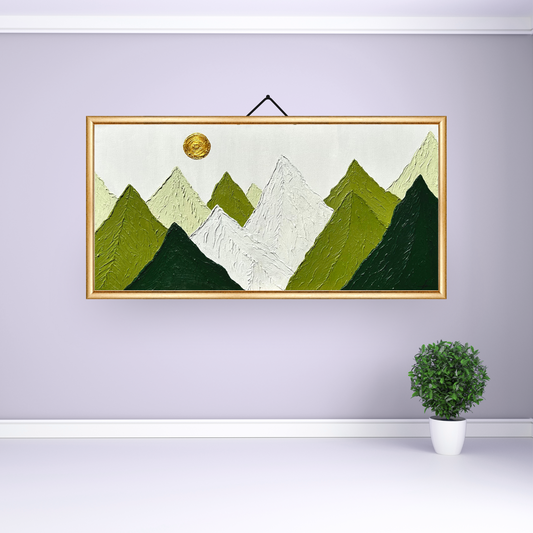 Sunlit mountain scene in textured acrylic, with rich green tones creating an immersive and serene visual experience.