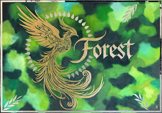 A vibrant acrylic painting featuring a golden phoenix with intricate designs, emerging from a lush green forest backdrop with layered shades of green and gold leaf accents.
