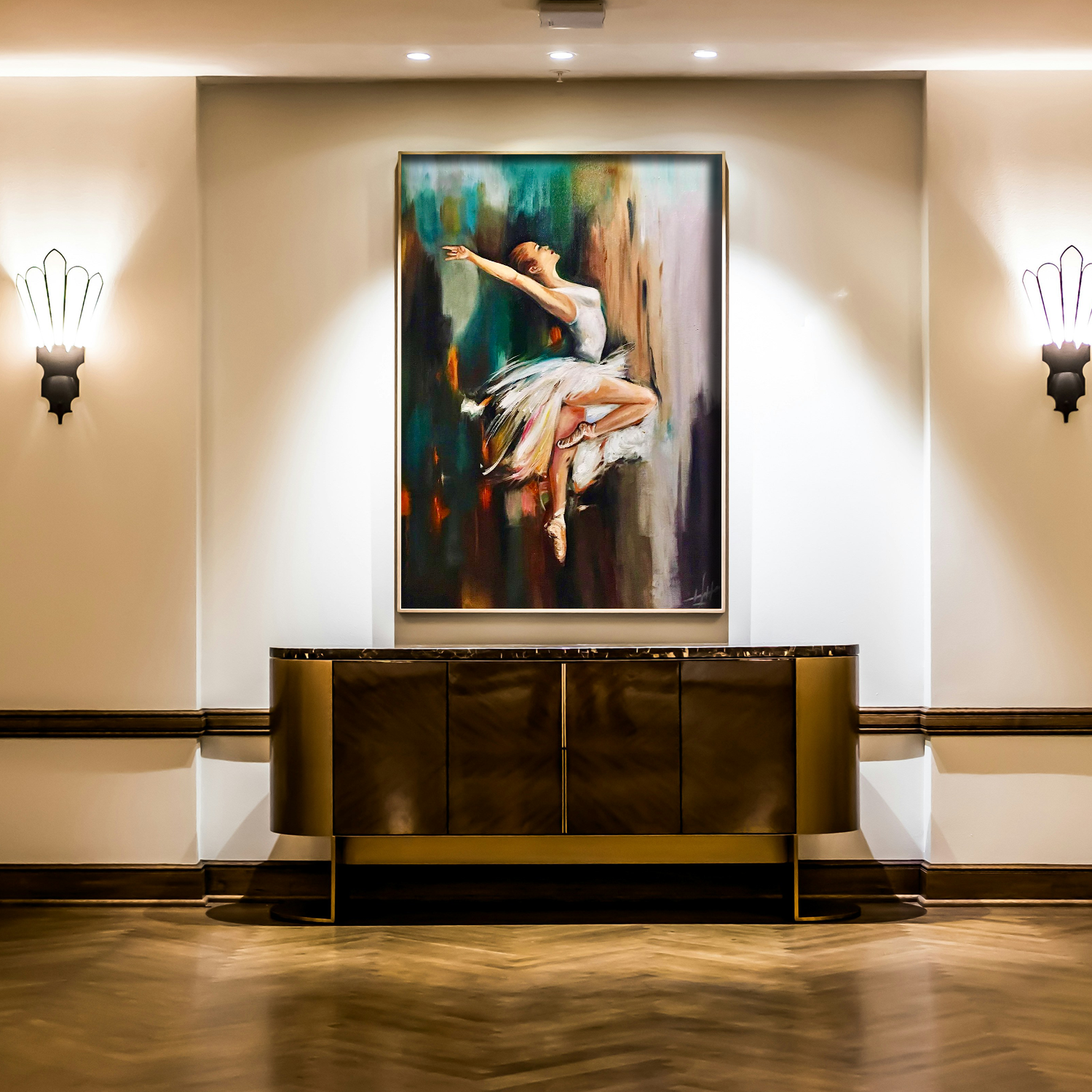 Hotel reception area with a custom ballerina artwork, exemplifying Bumiya Gallery's custom paintings.