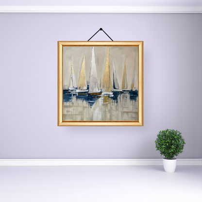 Radiant oil painting with sailboats on shimmering water, highlighted with gold and silver leaf.