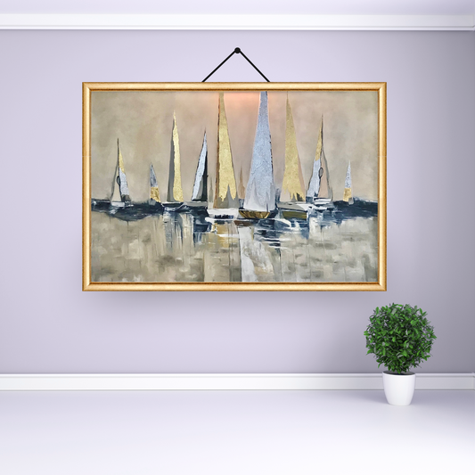 Serene oil painting 'Sunlit Sails 2' depicting sailboats bathed in sunlight with metallic leaf details for a luminous effect.