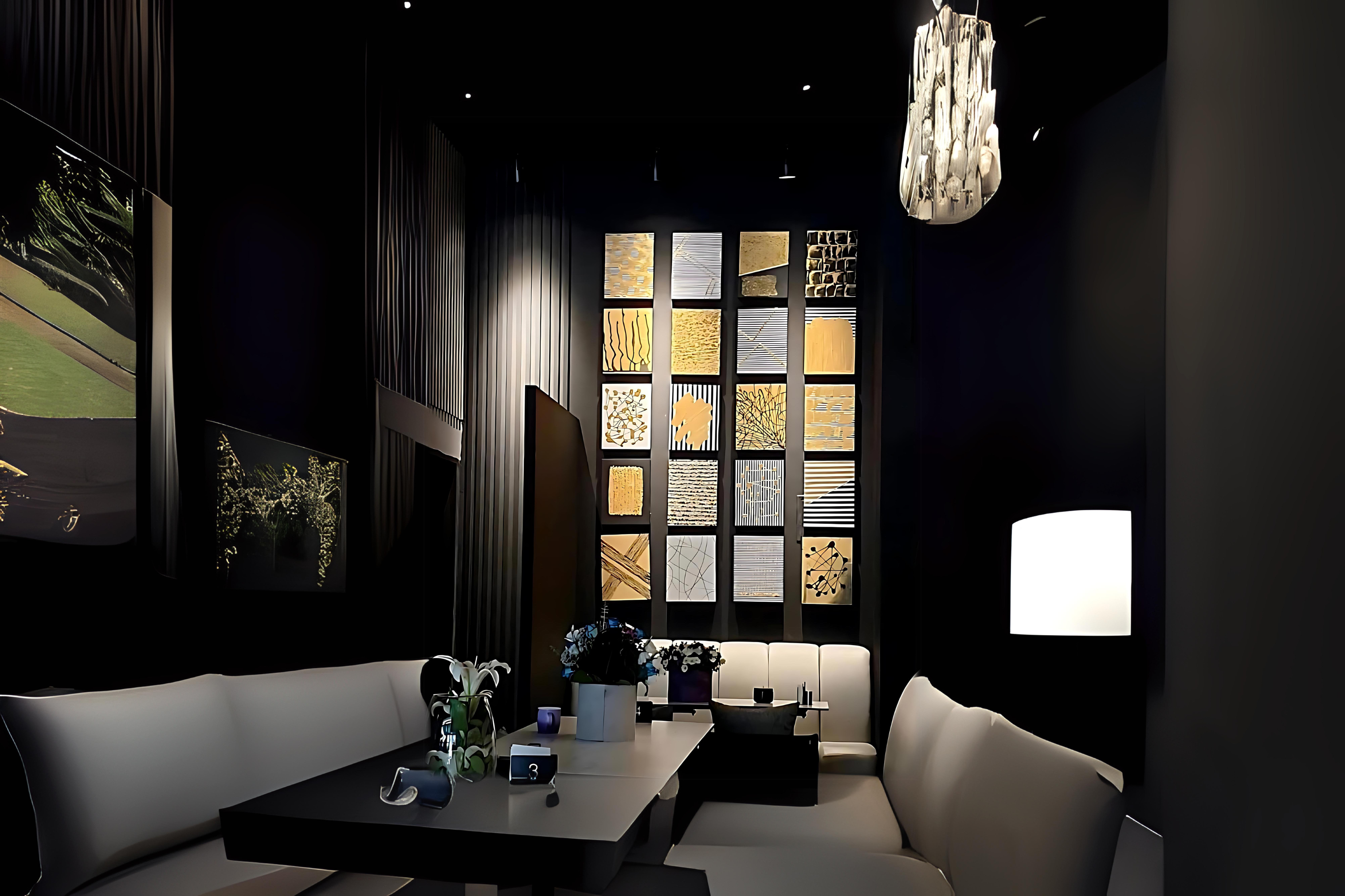 Sophisticated restaurant interior featuring a wall of custom abstract artworks by Bumiya Gallery.