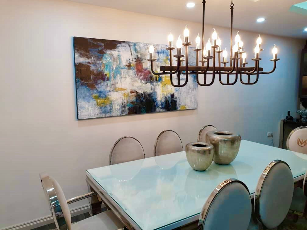 Modern interior design featuring custom abstract artwork.