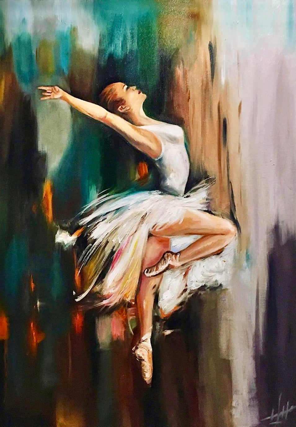 Detailed view of 'Ballerina's Grace,' capturing the ballerina's elegant pose and expressive movement in the painting.