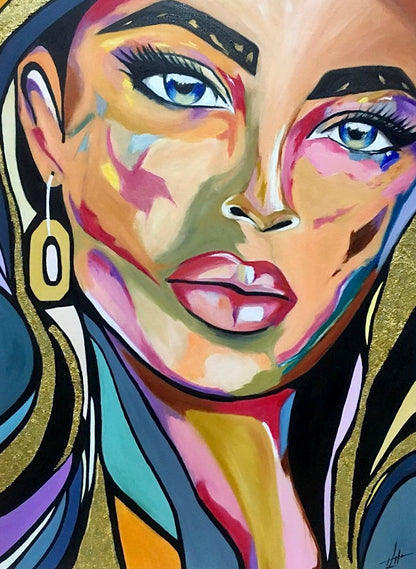 Detailed view of 'Bold Beauty,' highlighting gold leaf and dynamic colors in the expressive eyes.