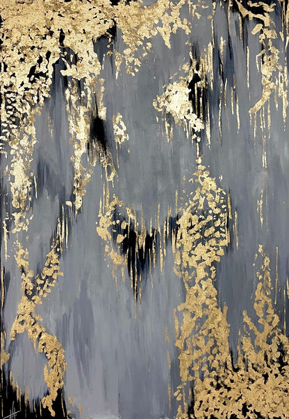 Detailed view of "Golden Sensation" showing the rich gold leaf accents and fine acrylic brushstrokes for added depth.