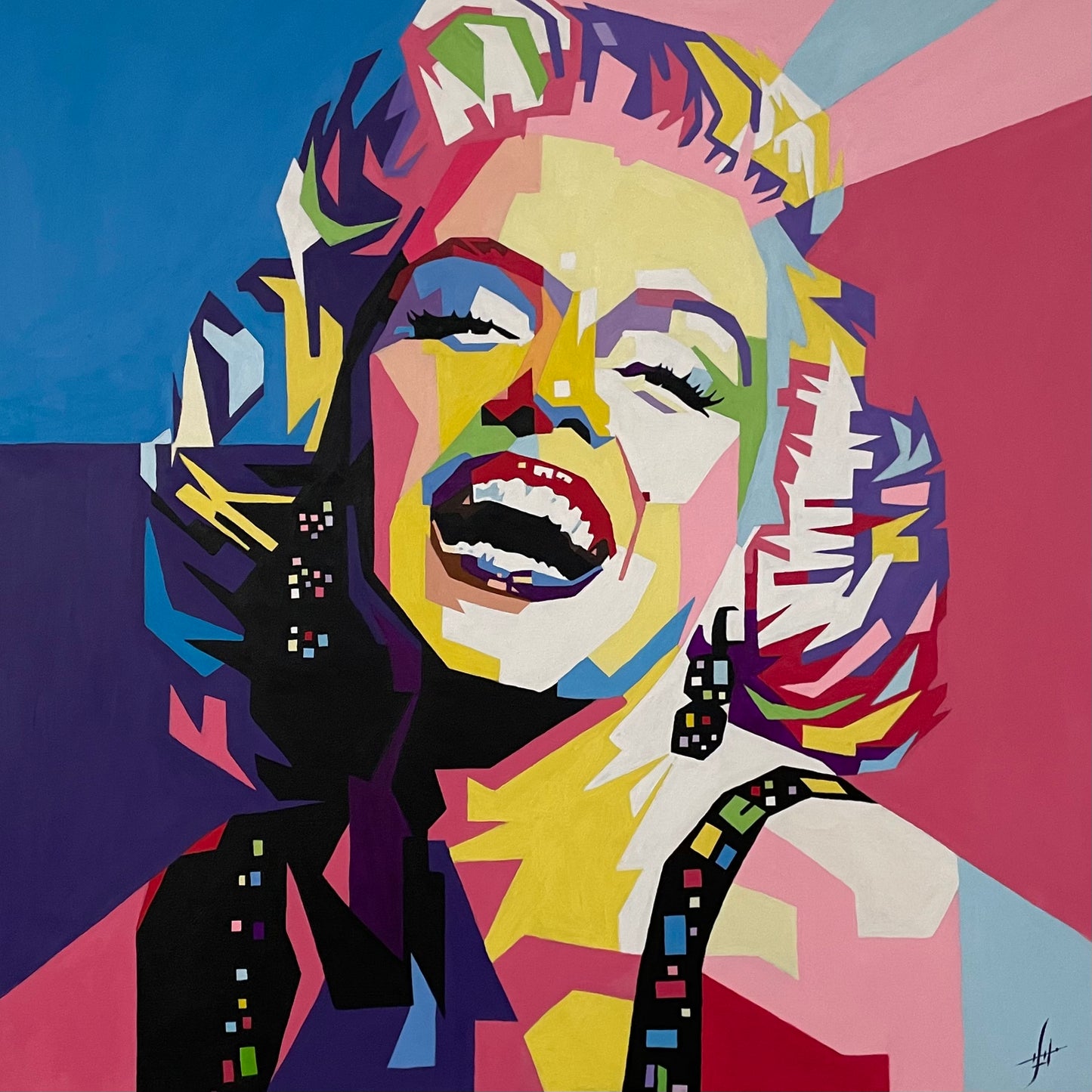 Zoomed-in view of "Marilyn Monroe's Smile", with vivid colors and detailed brushwork in acrylic.