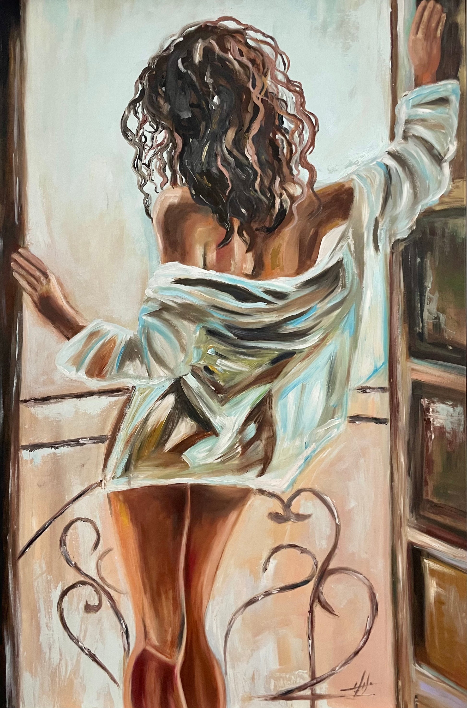 Detailed view of the oil painting "Morning Reverie," showing intricate brushwork and warm colors of a peaceful morning.