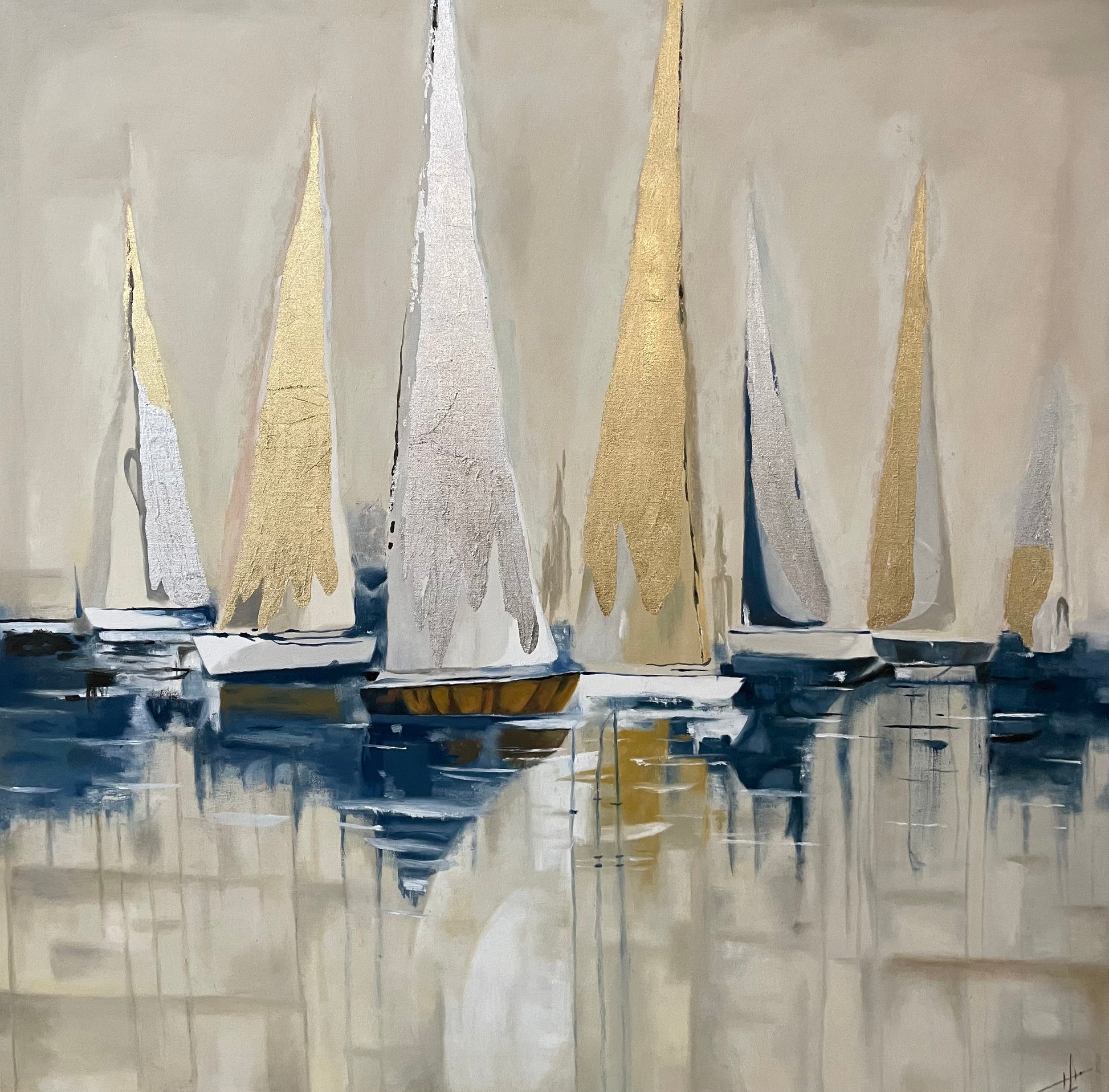 Detailed view of sailboat sails and shimmering water, emphasizing the gold and silver leaf textures.