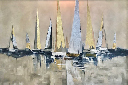 Detailed view of 'Sunlit Sails 2,' focusing on the intricate gold and silver leaf accents on the sailboats' sails.