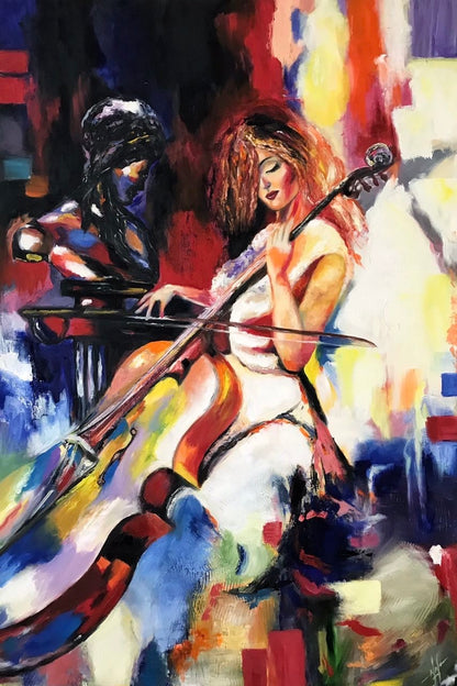 Detailed view of the cellist's face and cello, showcasing intricate oil paint textures and vibrant colors from the painting.