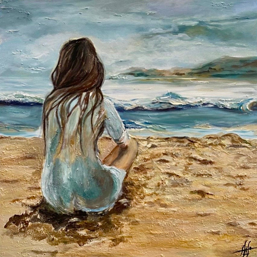 Closeup of the oil painting "Tides of Thought," focusing on the texture and depth of the figure and ocean waves.