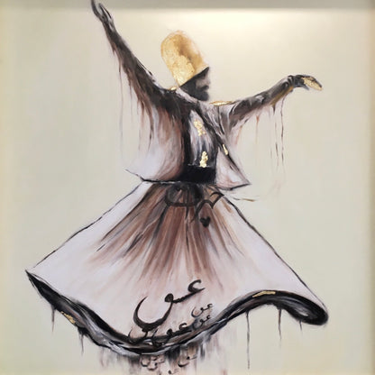 Closeup of 'Whirling Dervish 2,' highlighting detailed calligraphy and shimmering gold leaf on the dancer's robes.